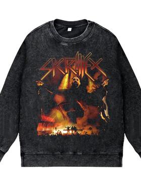 美式电音百大DJ歌手做旧复古圆领套头卫衣SKRILLEX史奇雷克斯