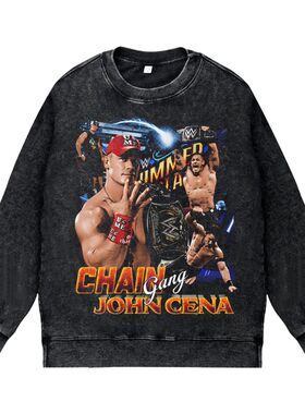 美式水洗做旧vintage宽松圆领套头卫衣WWE赵喜娜约翰塞纳JOHNCENA