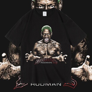 美式vintage公牛队罗德曼印花复古周边纯棉短袖T恤夏季男女青少年