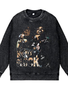 美式说唱嘻哈rapper水洗做旧印花vintage秋冬圆领卫衣KEYGLOCK