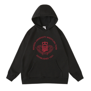 日本学院风早稻田大学潮牌街头印花秋冬加绒连帽套头卫衣男女同款
