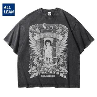 Rammstein欧美摇滚战车重磅大码宽松做旧水洗纯棉五分短袖T恤男夏
