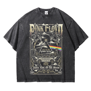 oversize欧美pinkfloyd平克佛洛依德印花做旧重磅纯棉五分短袖T恤