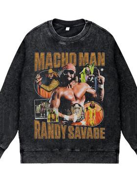 美式复古vintage高街WWE职业摔跤猛男兰迪萨维奇宽松圆领套头卫衣