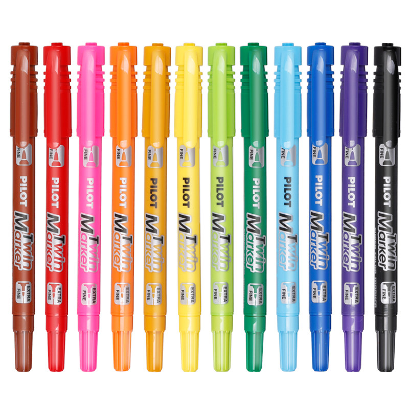 日本pilot百乐记号笔油性不掉色彩色小双头粗细勾线勾边马克笔