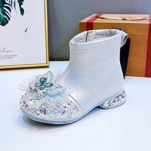 水钻女童爱莎水晶公主靴加绒儿童皮鞋 小女孩靴子 软底短靴2025冬鞋