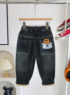 男童加绒裤子秋冬牛仔裤款新款男孩中小童老爹裤长裤休闲裤一体绒