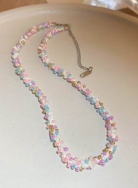 多巴胺彩色米珠时尚项链少女爱心小香风锁骨甜美百搭糖果色项饰女