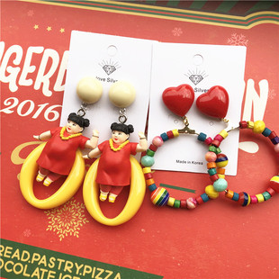 渡边直美胖妹喜庆红色925银耳环反斗马戏团彩色松石彩虹珠子耳圈