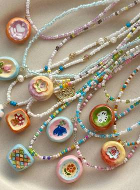 欧美跨境新款时尚通勤DIY水果植物玉石项链黏土彩绘吊坠设计款