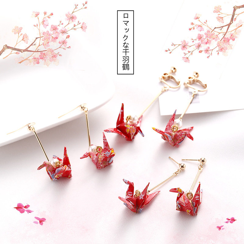 千纸鹤耳环无耳洞耳夹ins少女心日系和风耳坠流苏耳线耳钉耳饰女