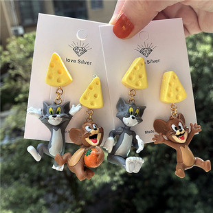 新款卡通相爱相杀的汤姆和杰瑞姆奶酪耳钉925银针耳环耳坠