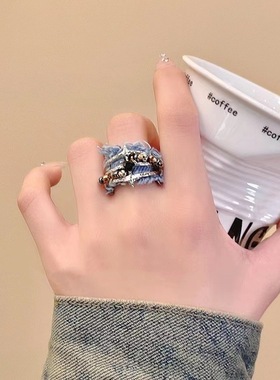 四芒星牛仔布串珠开口戒指女复古