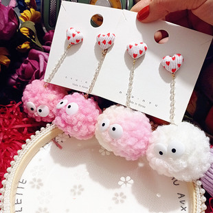 天鹅颈女神神器秋冬可爱大毛球豆豆眼浮夸个性长款925银耳环耳坠