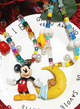 时尚biling闪亮水晶项链米老鼠月亮杰瑞树脂卡通短款项链颈链女