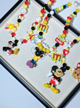 卡通新款可爱米奇米老鼠布鲁托吊坠彩色糖果珠子项链颈链锁骨链