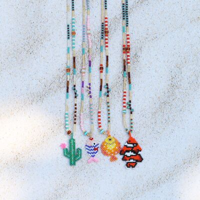 新款设计纯手工编织穿串珠天然半宝石仙人掌热带鱼项链尼莫小丑鱼