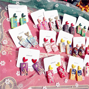 食玩系列外国巧克力糖果迷你仿真巧克力15款搞怪925银耳环卡通女