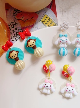 卡通可爱玉桂狗猴子彩色气球个性耳环925银针红色蝴蝶结耳饰耳钉