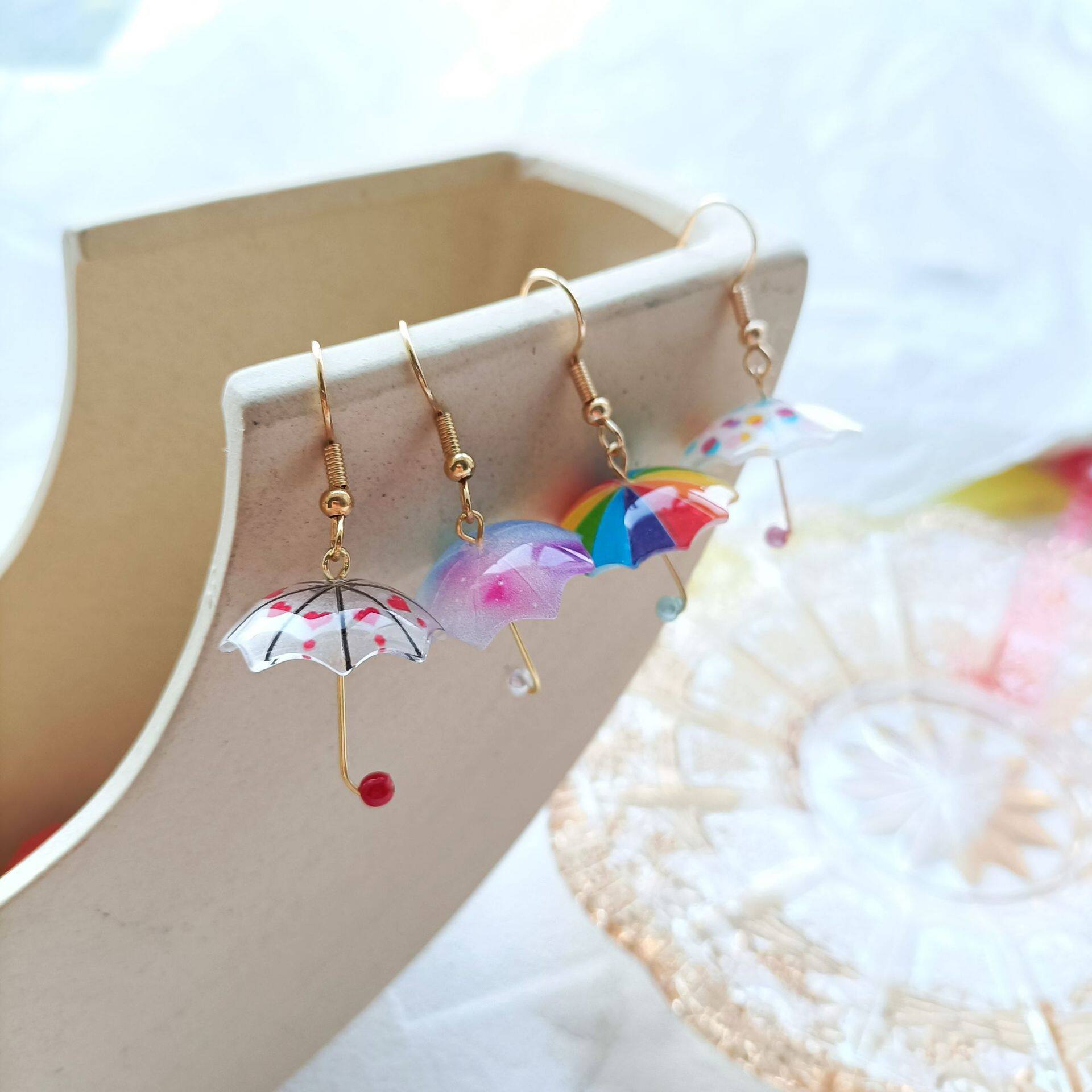 s925银 可爱ins彩虹小雨伞几何少女软妹日系半立体耳钉耳夹耳环