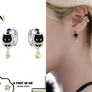 小众设计感滴油猫咪耳扣耳环女甜酷高级感耳饰黑猫青苹果个性 耳钉