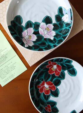 礼盒装 日本进口九谷烧福田良则手绘红白椿山茶花圆盘 高级食器