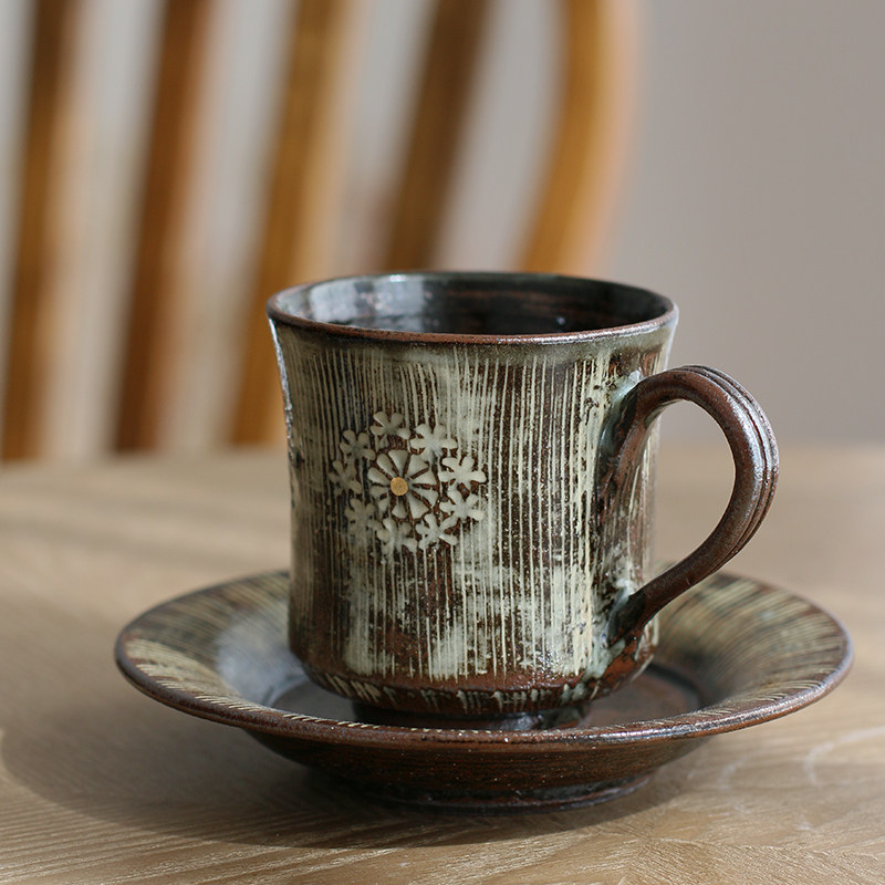 现货 日本进口 清水烧原花月手描金菊瓣竖纹纯手工粗陶咖啡杯碟