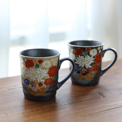 日本九谷烧花吉纹饰马克杯礼盒装