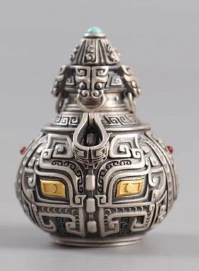 泰莉饕餮纹葫芦吊坠藏银国潮新中式复古精工雕刻车载钥匙包包挂件