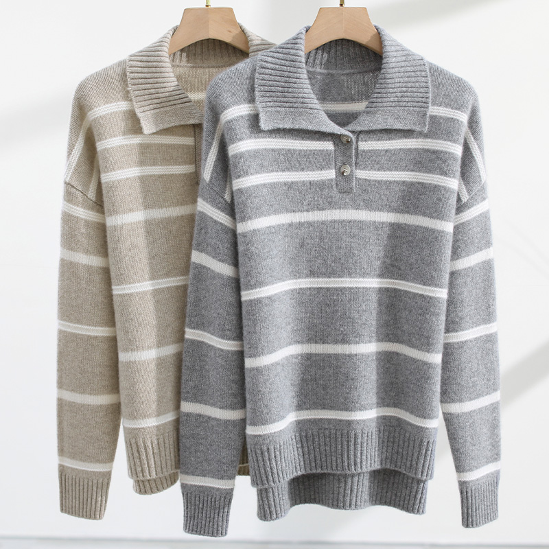 落肩袖撞色POLO领羊绒衫简约通勤