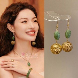 钟楚曦同款新中式风镂空球耳环女金色流苏耳坠气质耳饰925银耳勾