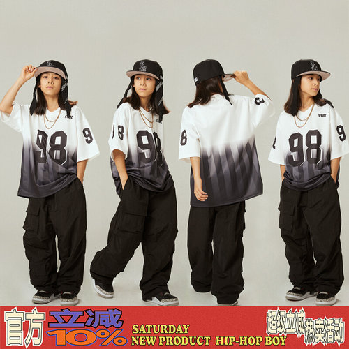 六一儿童街舞嘻哈jazz爵士舞蹈服装演出服潮流短袖T恤男女童潮服