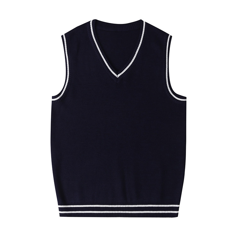藏青双白条下摆针织衫背心校服