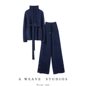 意大利设计师 子女外穿两件套装 加厚羊绒衫 女高领系带羊绒阔腿裤