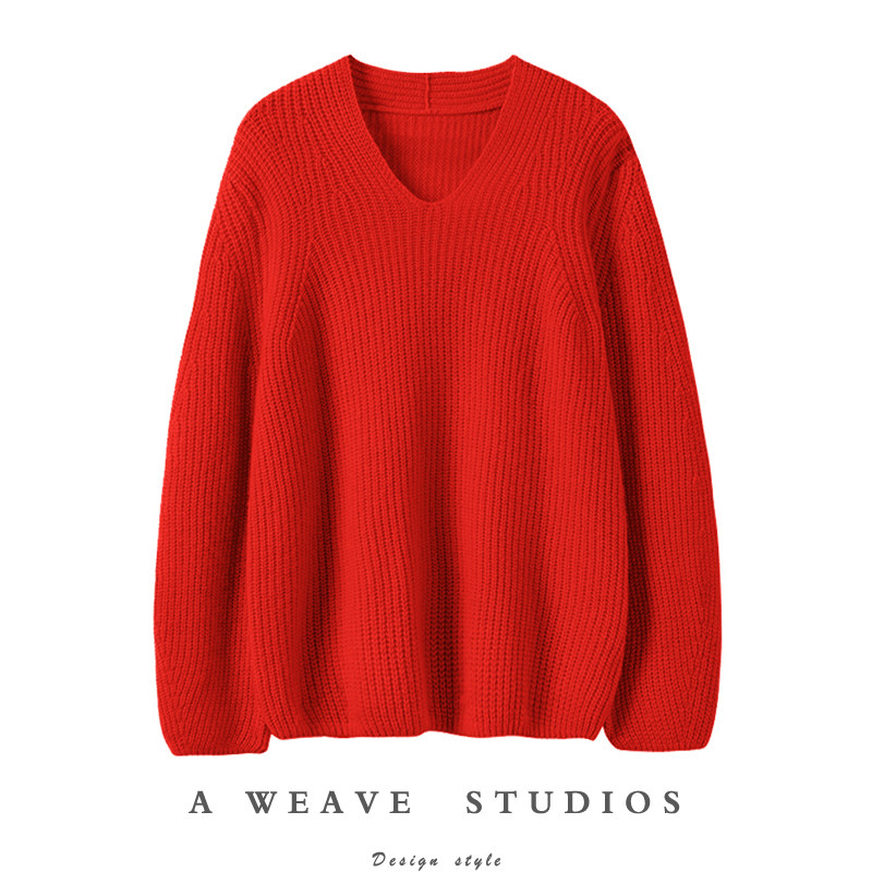 冬凤凰〓绒+〓大红色V领阔袖粗针羊绒毛衣女2024秋冬,女装/女士精品,羊绒衫,淘宝优惠券,粉丝福利购,淘宝优惠卷