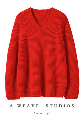 冬凤凰〓绒+〓大红色V领阔袖粗针羊绒毛衣女2024秋冬