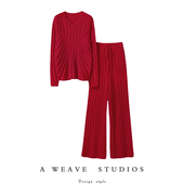 版 子女直筒裤 型 V领羊绒衫 特有范 纯羊绒裤 2024新款 女套装 两件套