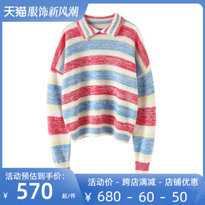 这件简直了！减龄马卡龙翻领松软羊绒衫女加厚纯羊绒毛衣条纹短款