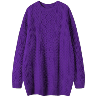 定制挚爱的紫！100%cashmere纯羊绒麻花宽袖毛衣提花羊绒衫