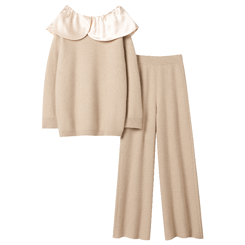 爱到骨子里！加厚绸缎领羊绒衫女一字肩纯羊绒毛衣直筒阔腿裤套装