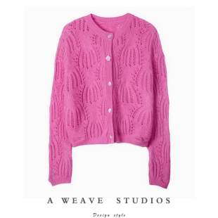 外套秋冬新款 女纯羊绒毛衣镂空针织开衫 花朵扣羊绒开衫 美极了哇