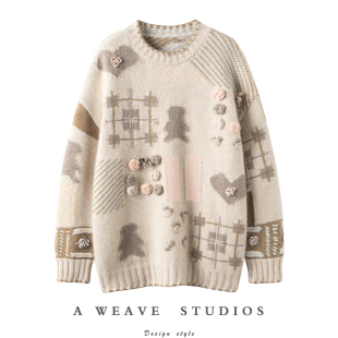 女 圆领手工摇花小熊100%纯山羊绒套头衫 把可爱拿捏住了 新款