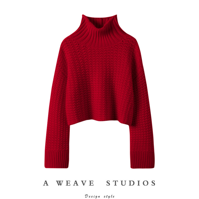 一眼迷的版～车厘子红编镂空编织阔袖高领100%羊绒毛衣女2024春,女装/女士精品,羊绒衫,淘宝优惠券,粉丝福利购,淘宝优惠卷