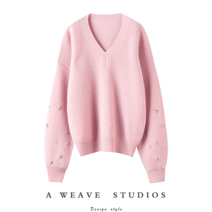 加厚山羊绒衫 惊艳星钻 女V领纯羊绒毛衣套头宽松冬 璀璨 女神