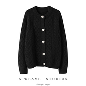 超重工加厚巨厚实纯山羊绒女开衫 全身绞花圆领外套毛衣针织衫