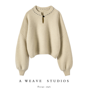 女圆领加厚纯羊绒毛衣宽松新款 羊绒衫 立领盘扣蝙蝠袖 穿出高颜值