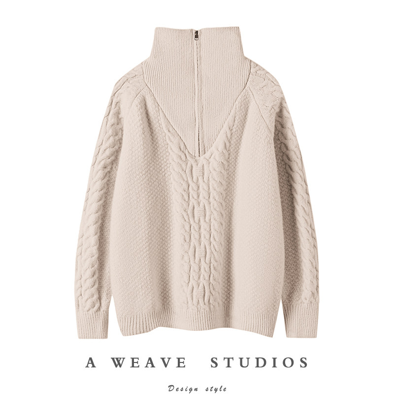 重磅！好搭推荐！米白色纯山羊绒毛衣女宽松高领麻花针织开衫