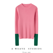 演绎美学精髓 打底衫 拼色圆领弹力坑条羊绒衫 女纯羊绒毛衣针织衫