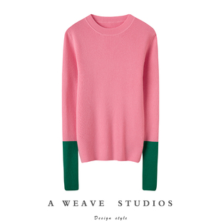 打底衫 女纯羊绒毛衣针织衫 拼色圆领弹力坑条羊绒衫 演绎美学精髓