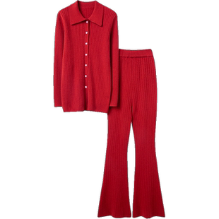 上身那叫好看！翻领羊绒开衫女纯山羊绒毛衣休闲裤喇叭裤羊绒套装